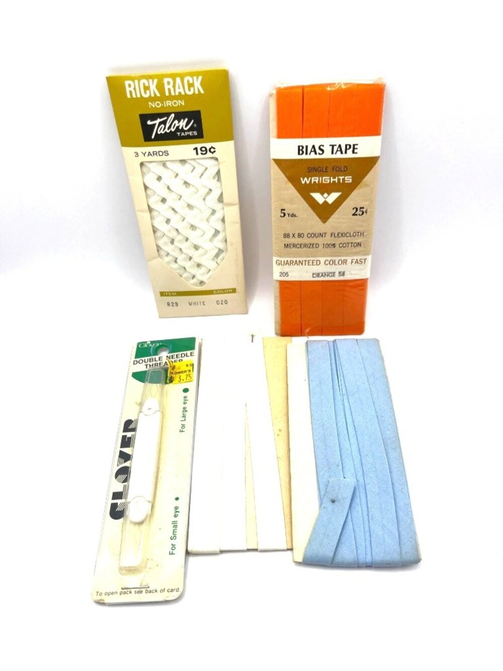 Vintage Sewing Supplies Bundle: Clover Double Needle Threader Rick Rack Bias Tap